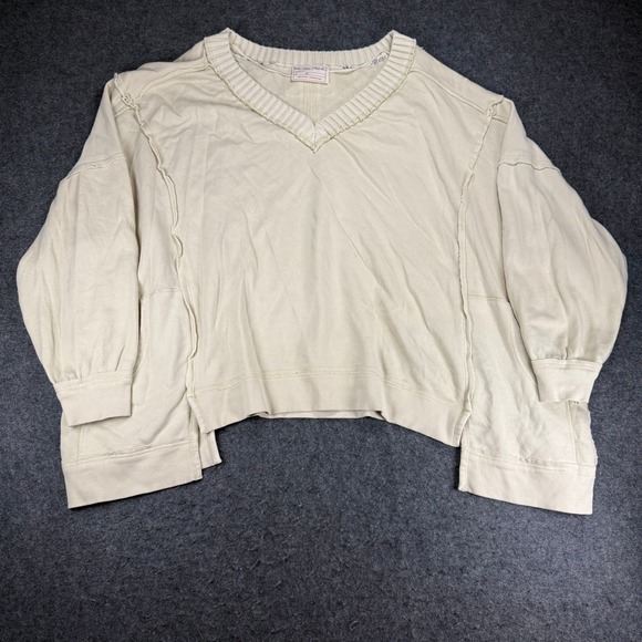 We The Free Oversized V Neck Pullover Sweatshirt Womens XL Beige Cotton Cropped - Picture 1 of 9